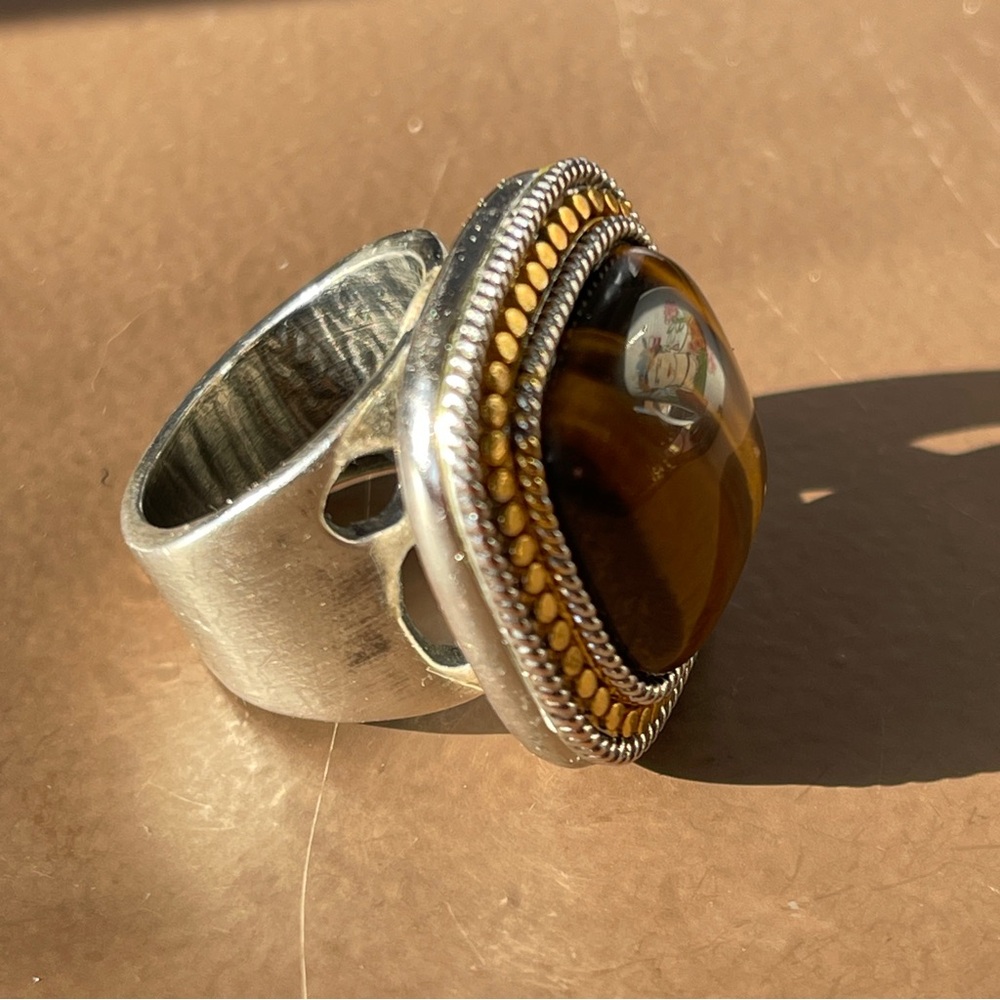 Big beautiful tiger eye sterling silver snd gold plate square ring size 7 - Picture 8 of 9